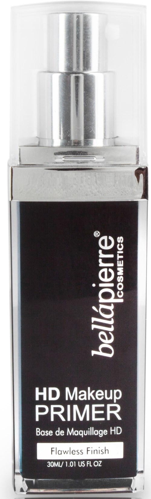 Kleine Flasche Bellápierre HD Makeup Primer, schwarzes Etikett, silberne Pumpe, für ein glattes Make-up.