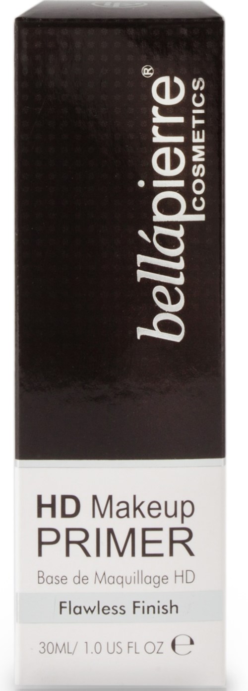 Ein langer schwarzer Karton mit weißen und grauen Texten, Marke Bellápierre Cosmetics und HD Makeup Primer für ein makelloses Finish.