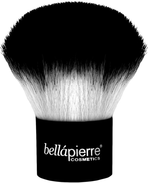 A black and white makeup brush with the brand name 'bellápierre' on it.