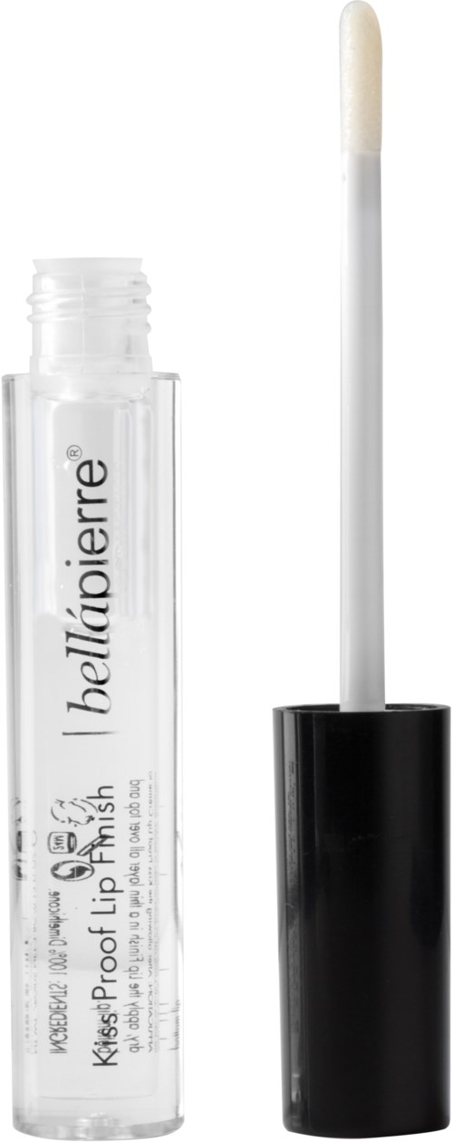 A clear lip gloss tube with a black cap and wand applicator, labeled 'beliferrie' and 'Kiss Proof Lip Polish.'