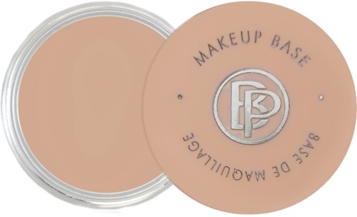 A round makeup base container with a beige-colored product inside and a lid displaying the brand and product details.