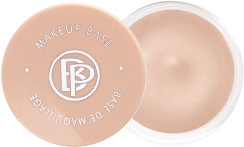A round makeup container with beige cream inside, labeled 'Makeup Base' and 'Base de Maquillage.'
