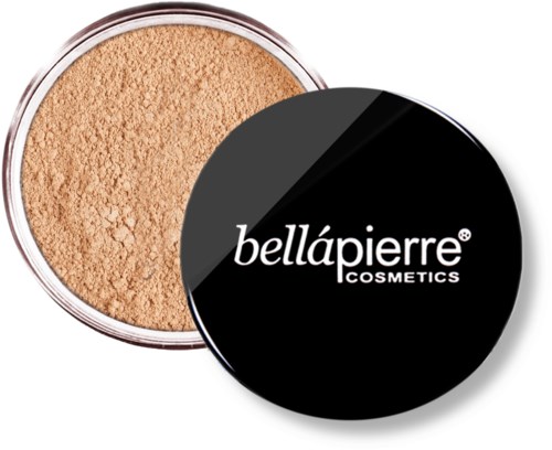 A round container of beige powdered makeup with a black lid labeled 'bellápierre COSMETICS.'