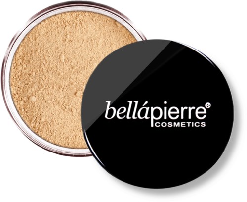 Ein runder Behälter mit beigem Puder und schwarzem Deckel mit dem Schriftzug 'bellápierre COSMETICS'.
