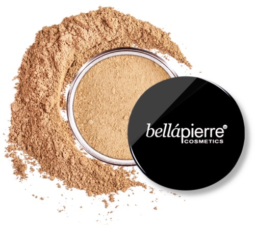 Ein Kompakt mit losem Puder in schwarzem Deckel mit der Aufschrift 'bellápierre COSMETICS'. Puder ist hellbeige.
