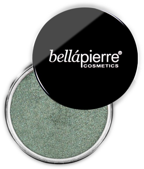 A round green eyeshadow with a black lid. The lid has white text saying 'bellápierre COSMETICS'.