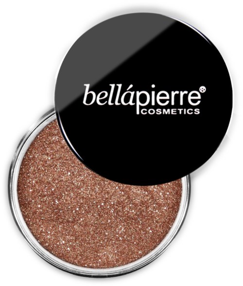A round cosmetic container with glittery brown eyeshadow and a black lid displaying the bellápierre logo.