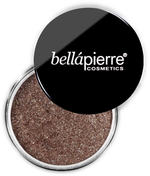 A round container of sparkly brown eyeshadow with a black lid. The lid has the brand name "bellápierre COSMETICS".