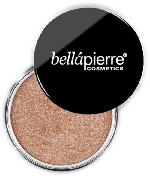 A beige, glittery cosmetic product in a round container with a black lid that says 'bellápierre COSMETICS'.