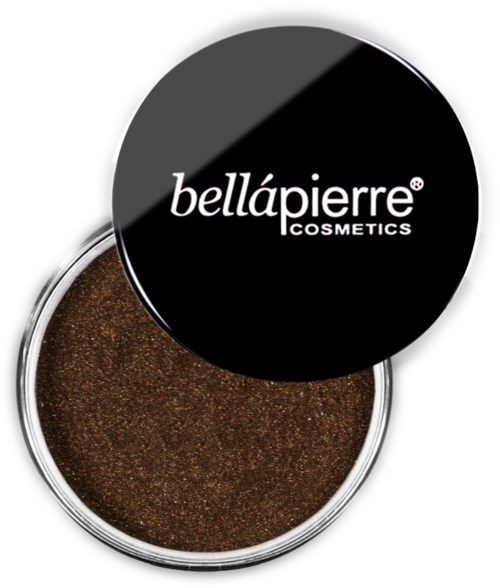 A small round container with brown cosmetic product inside, and a black lid labeled 'bellápierre COSMETICS'.