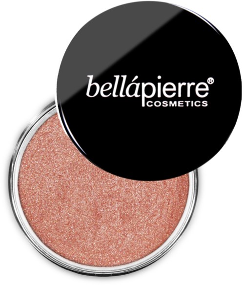 En rund behållare med rosa skimrande makeup och ett svart lock med texten 'bellápierre COSMETICS'.