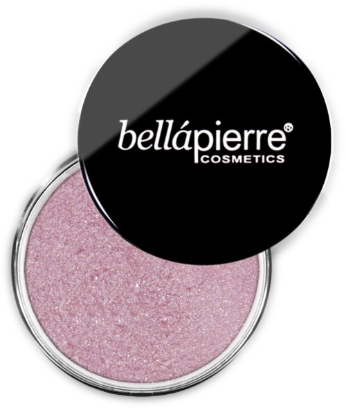 A pink, glittery cosmetic in a round container with a black lid labeled "bellápierre COSMETICS."