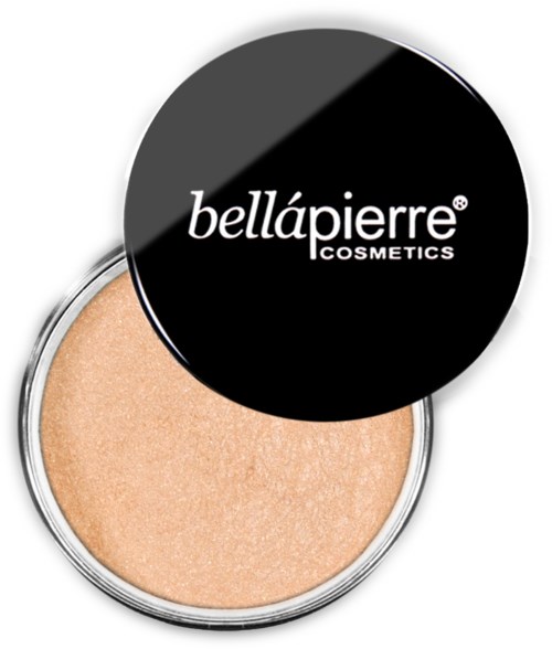 A round cosmetic container with a black lid labeled 'bellápierre COSMETICS' and beige makeup inside.