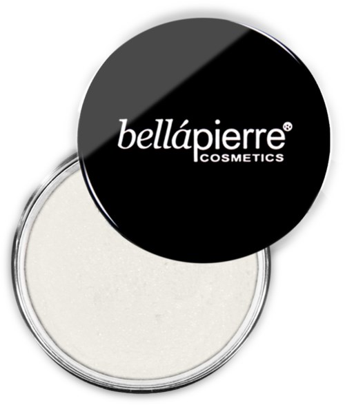 A round jar lid with black background and white text: 'bellápierre COSMETICS' on top. The jar contains a white product.