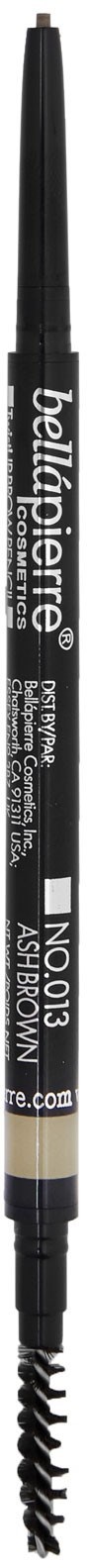 A black eyebrow pencil with a twist-up design, brand and product details printed on it. It has a spiral brush at the end.
