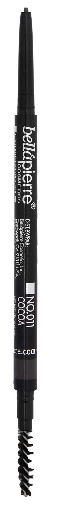 A black cosmetic pencil with a twist-up tip and a spoolie brush at the end.