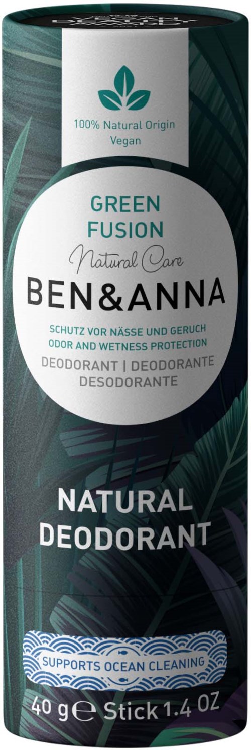 Green Fusion luonnollinen deodoranttikite, tukee meren puhdistusta, vegaaninen, 40 g, merensinisen ja vihreän suunnittelulla.