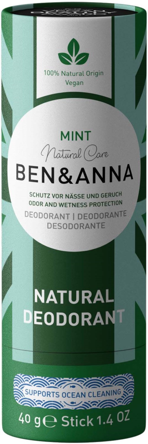 Vihreä ja valkoinen luonnollinen deodorantti, mintin tuoksu, tukee merien puhdistusta, Ben & Anna.