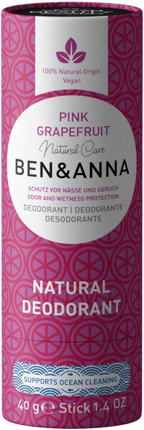 Pinkki deodoranttikku, jonka brändi on 'Ben & Anna' ja painottaa luonnollisia ainesosia ja merien puhdistusta.