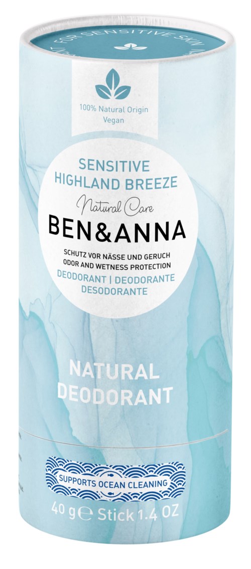 Vaaleansininen deodorantin tikku 'Ben & Anna', herkkäihoisille, tukee meren puhdistusta, 40g.