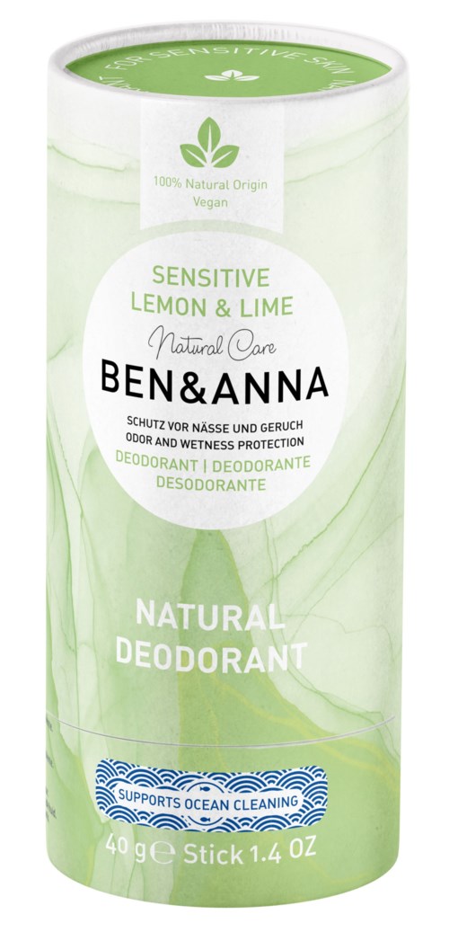 Pyöreä vihreä deodoranttikuori sitrustuoksulla. Sisältää luonnollisia ainesosia. Tukee merten puhdistusta. Ben & Anna -merkki.