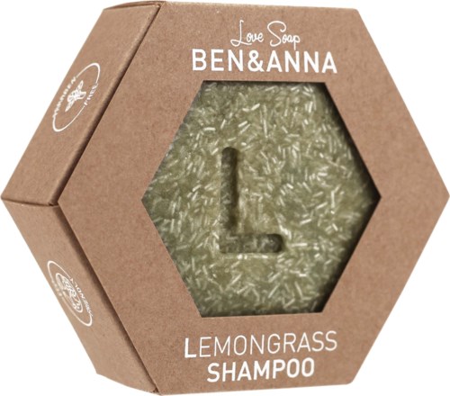 Kuusiokkeinen shampoo-boxi sitruunaruohosta, näkyvissä sisältö, brändi Ben & Anna.