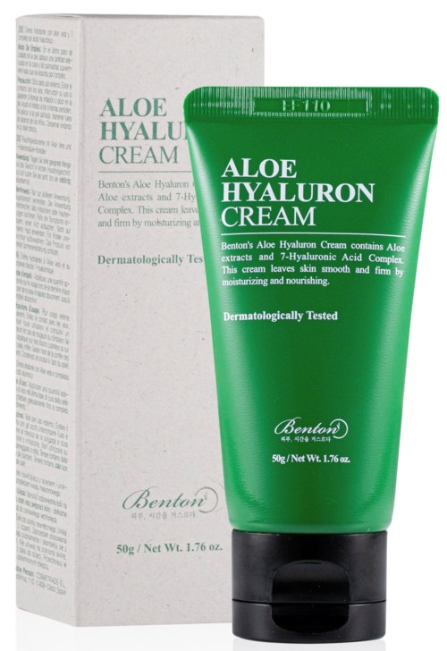 Groene tube en witte doos voor Aloe Hyaluron Creme. Bevat aloë-extracten en hyaluronzuur. Voor huidhydratatie.