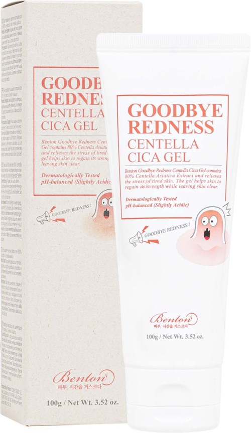 Eine weiße Tube und Schachtel für ein Rötungslinderungs-Gel, mit einem niedlichen rosa Gesicht und Text über Heilung und Tests.
