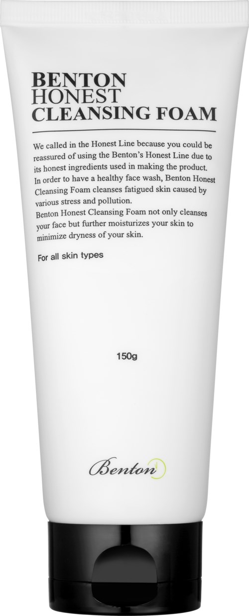 Een witte tube Benton Honest Cleansing Foam met een zwarte dop, 150g, voor huidreiniging, met productdetails op de voorkant.