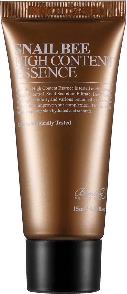 En kosmetiktub med glänsande brun finish märkt 'Snail Bee High Content Essence'.