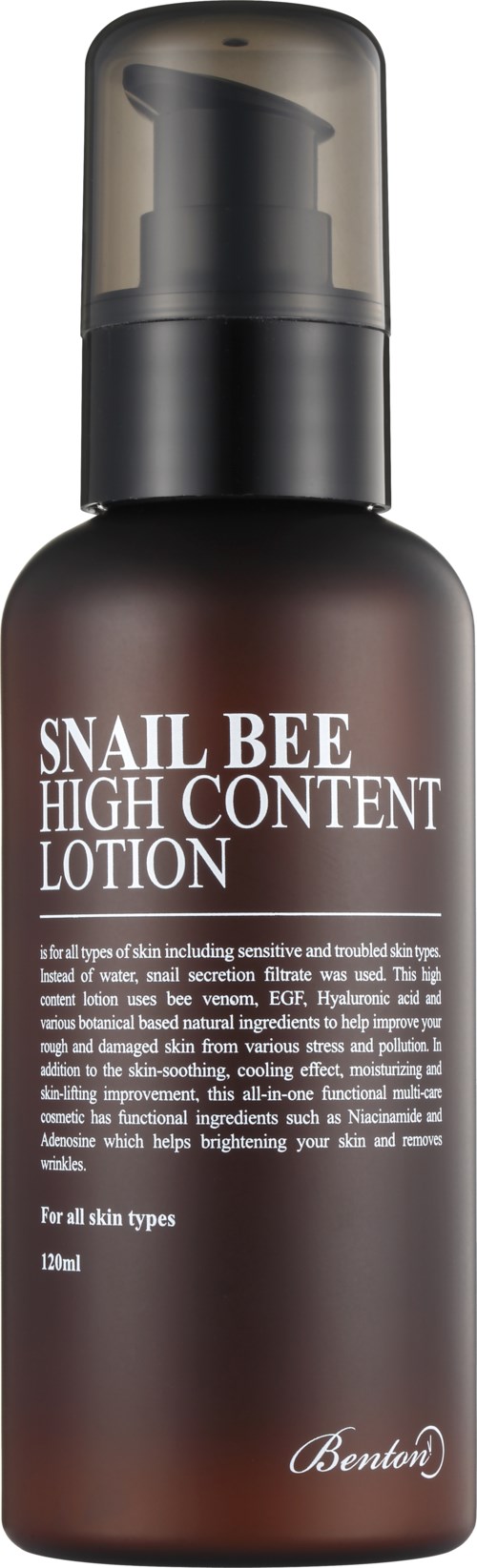 Een bruine fles Snail Bee High Content Lotion met pomp, rechtopstaand.