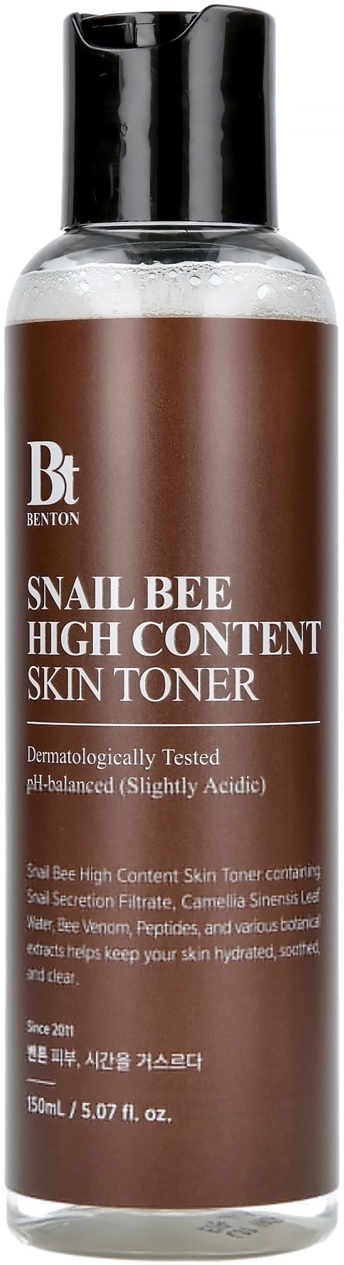Bruine en heldere fles met 'Snail Bee High Content Skin Toner' label en zwarte dop.