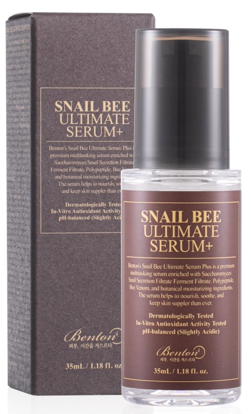 Een huidverzorgingsproduct met een donkere fles en bijpassend doosje gemerkt "Snail Bee Ultimate Serum+".