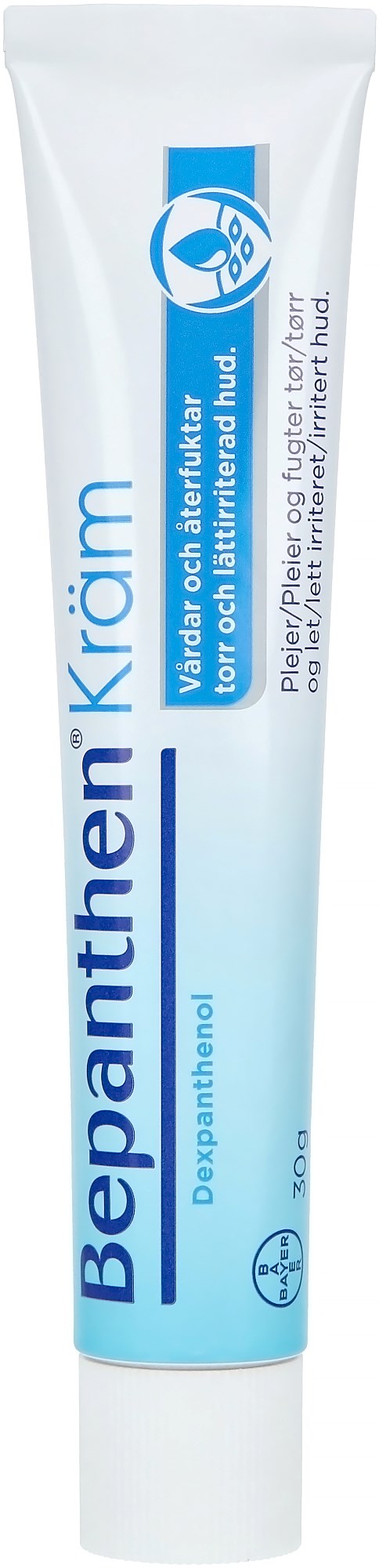 Eine Tube mit der Aufschrift 'Bepanthen Krema' in blauer und weißer Verpackung, für Hautpflege und Windeldermatitis.