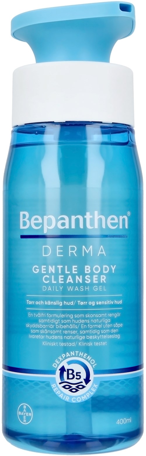 Eine blaue Flasche Bepanthen Derma Gentle Body Cleanser mit weißem Verschluss. Es ist ein tägliches Waschgel für empfindliche Haut.