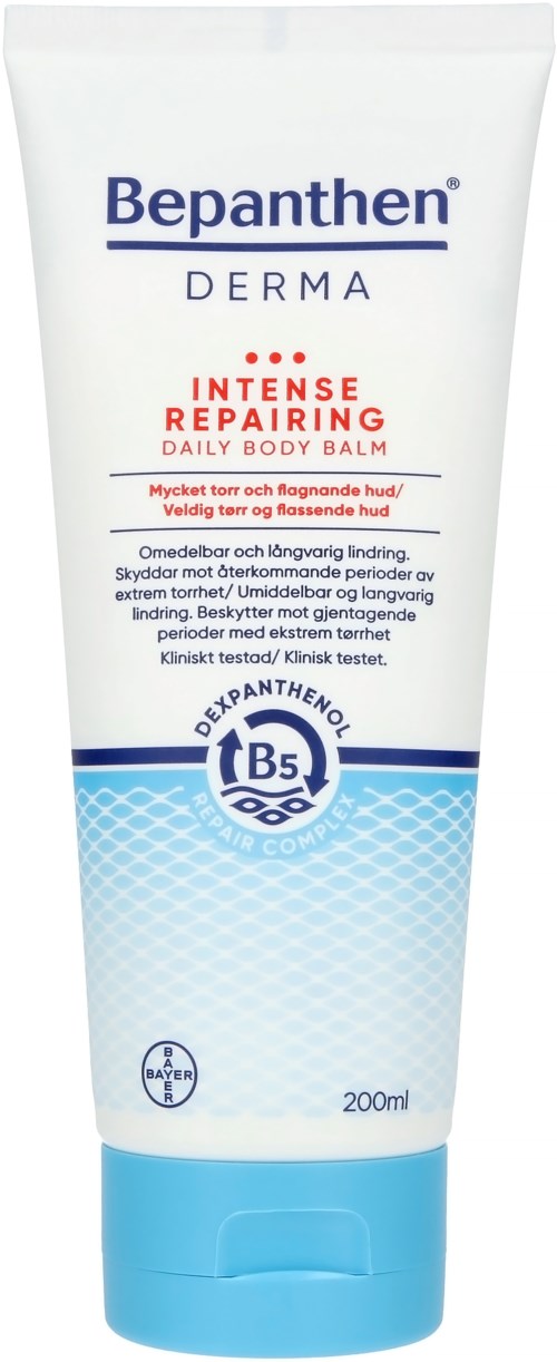 Eine weiße Tube Bepanthen Derma Intensive Repairing Body Balm mit blauer und roter Schrift, 200 ml.