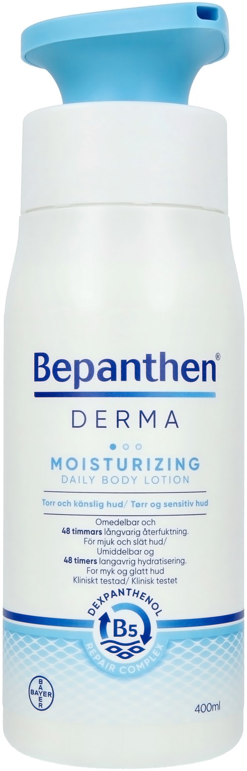 Eine weiße Flasche mit blauer Kappe und blauer Schrift, beschriftet 'Bepanthen Derma Moisturizing Daily Body Lotion.'