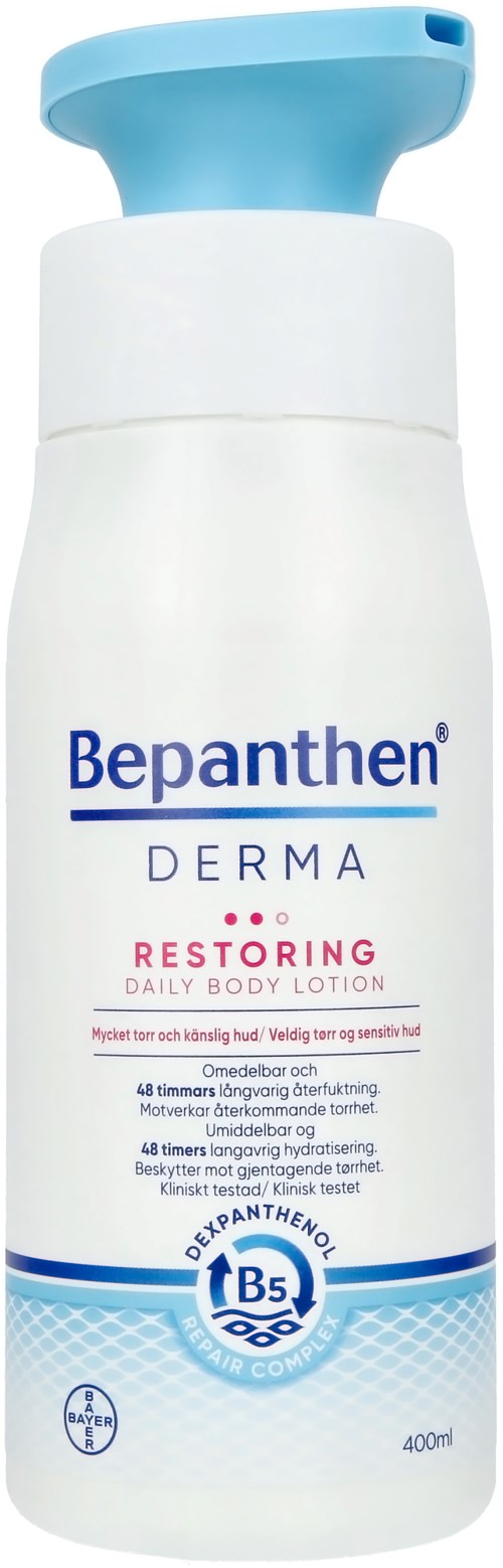 Eine weiße Flasche mit blauer Kappe, enthält Bepanthen Derma Restoring Daily Body Lotion. Text beschreibt Anwendung und Vorteile.