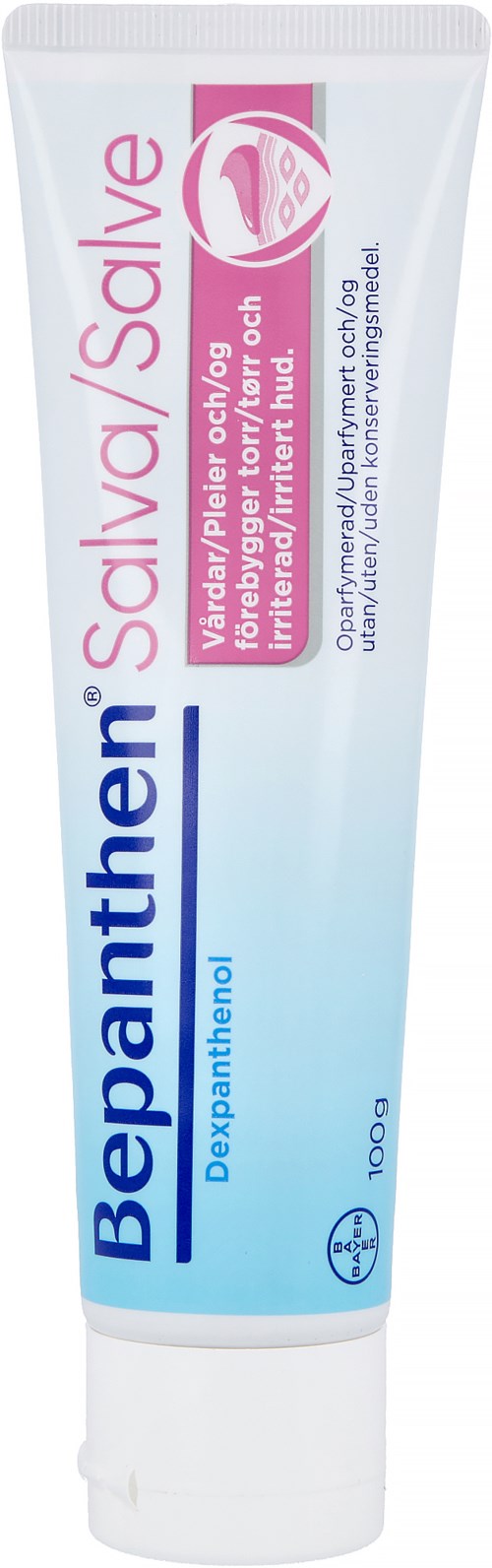 Eine Tube Bepanthol mit blauer und weißer Verpackung und rosa Etikett, gedacht zur Beruhigung der Haut und Behandlung von Hautproblemen.