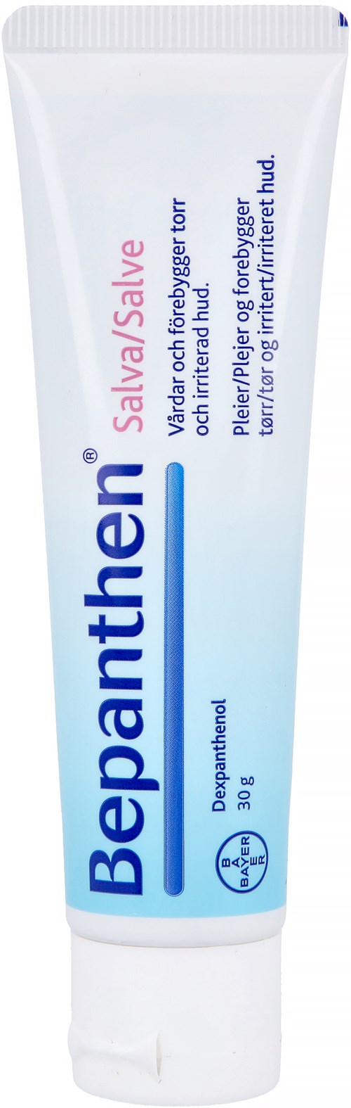 Eine weiße Tube mit Bephanten Salbe in Blau und Pink, für Hautprobleme und Feuchtigkeit.