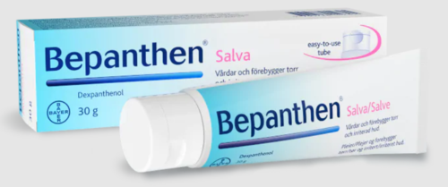 Eine Tube Bepanthen Salva mit Packung, zeigt sie ist zur Hautpflege und zum Schutz, enthält Dexpanthenol.