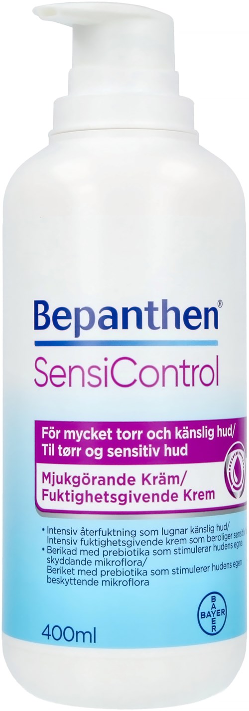 Eine weiße Flasche Bepanthen SensiControl Creme mit Pumpe, für sehr trockene und empfindliche Haut, 400 ml.