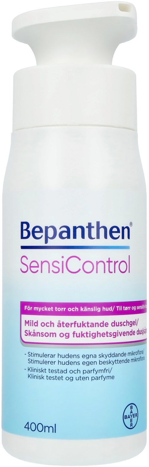 Eine weiße Flasche Bepanthen SensiControl Duschgel für trockene und empfindliche Haut.