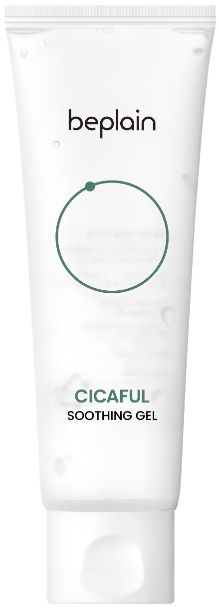 A white tube named beplain with a circle on it and text saying cicaful soothing gel.
