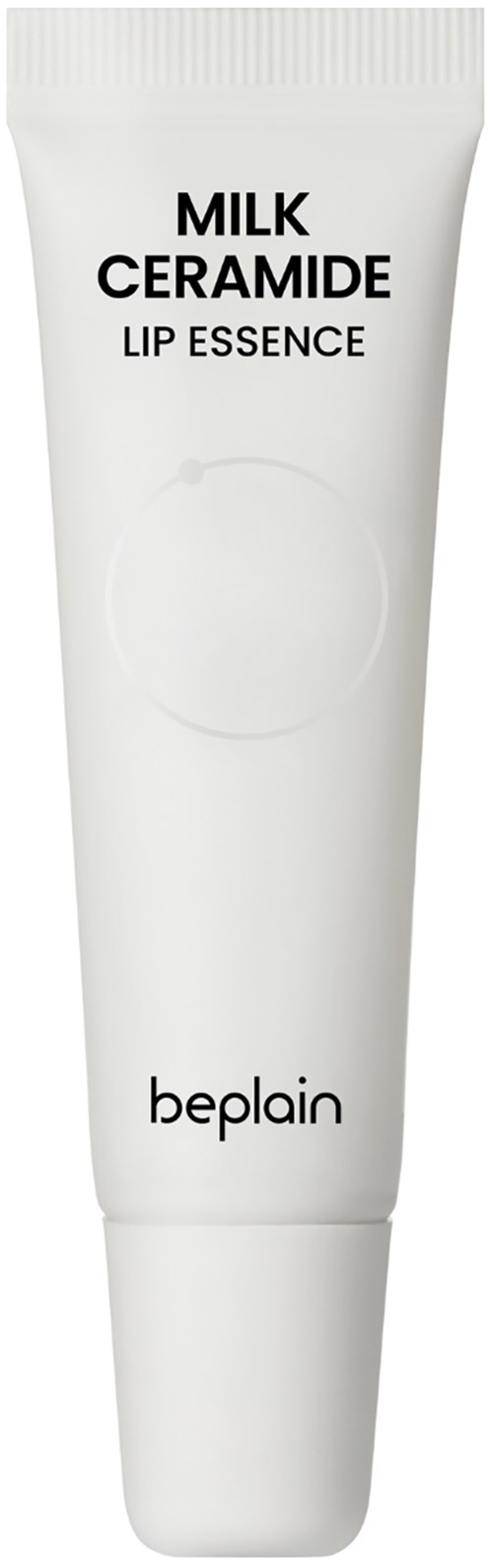 Witte tube met lippenbalsem met label 'Milk Ceramide Lip Essence' door Beplain.