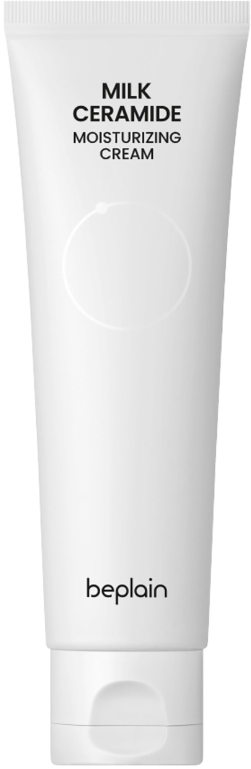 Een witte tube met hydraterende crème labeled 'Milk Ceramide' door Beplain, met eenvoudige zwarte tekst.
