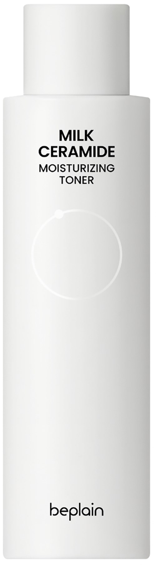 Een witte fles met zwarte tekst: 'Milk Ceramide Moisturizing Toner' en een kleine cirkel in het midden.
