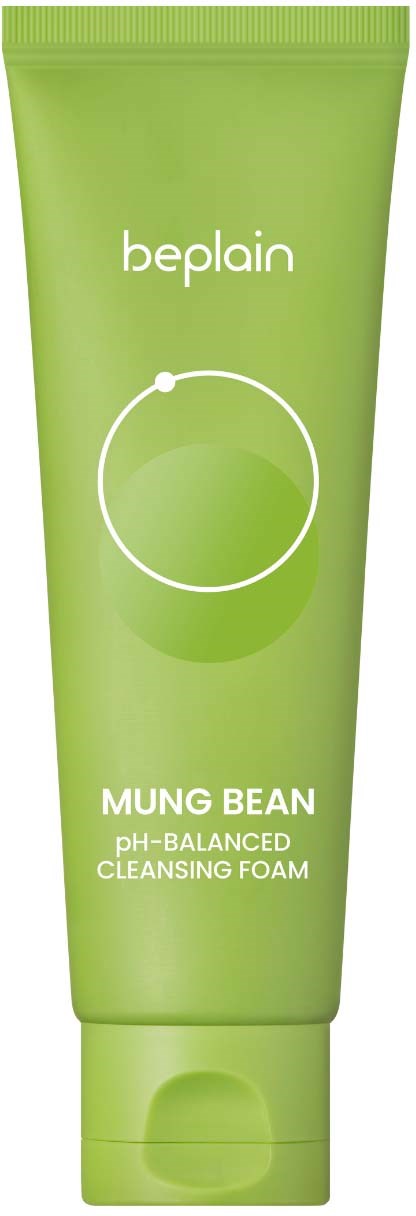 Grüner Tube mit Beplain Mung Bean pH-ausgleichendem Reinigungschaum. Einfaches Design mit weißem Text und Kreis. Neues Hautpflegeprodukt.
