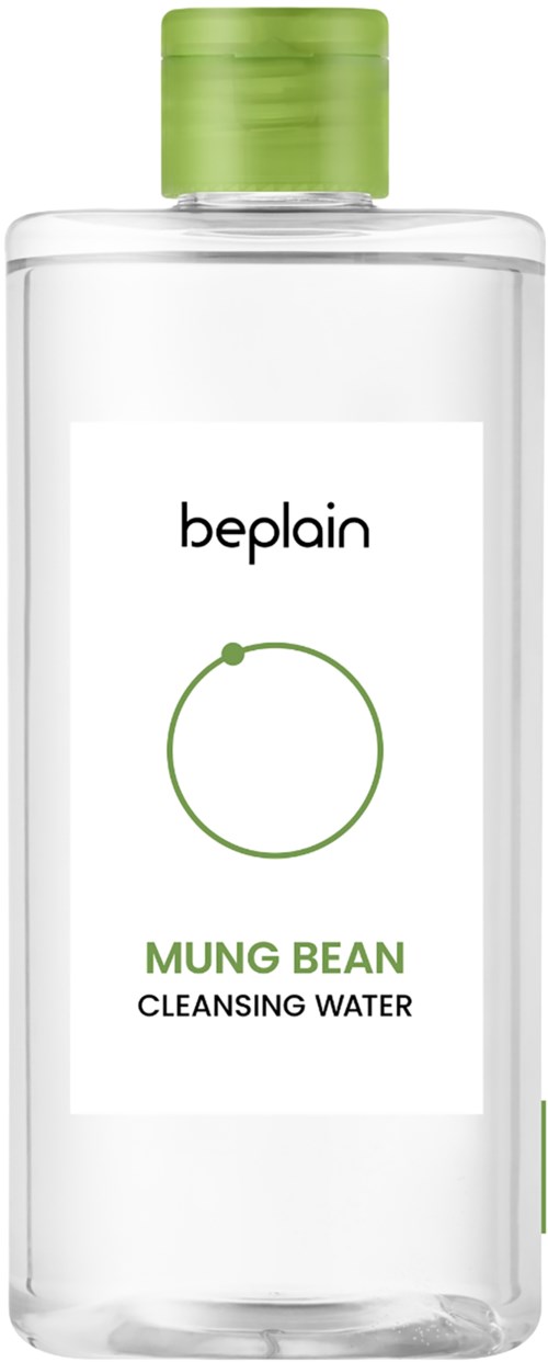A clear bottle with a green cap labeled 'beplain Mung Bean Cleansing Water' and a simple design.