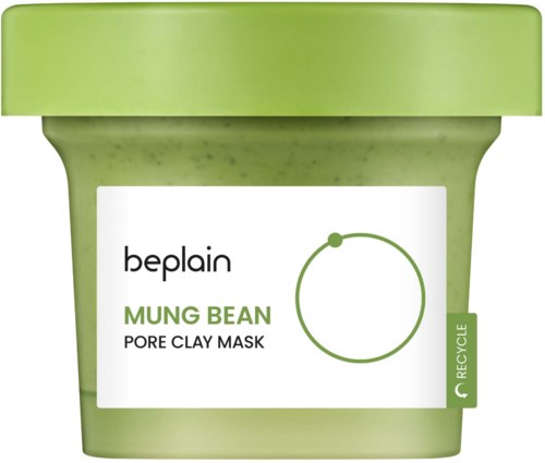 Groene container voor Mung Bean pore clay mask met witte label en recycling symbool.